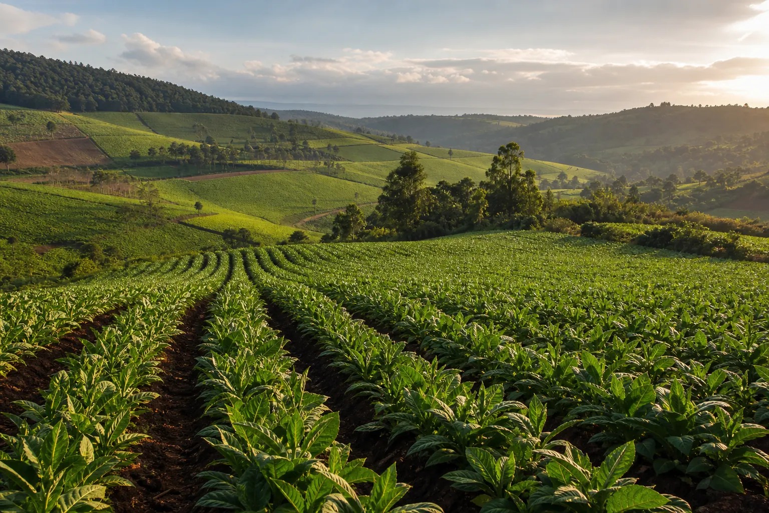 Cultivated Ugandan farmland in warm natural light.