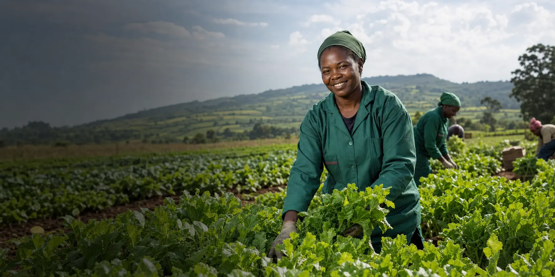 Ugandan farm workers harvesting fresh produce in green fields.