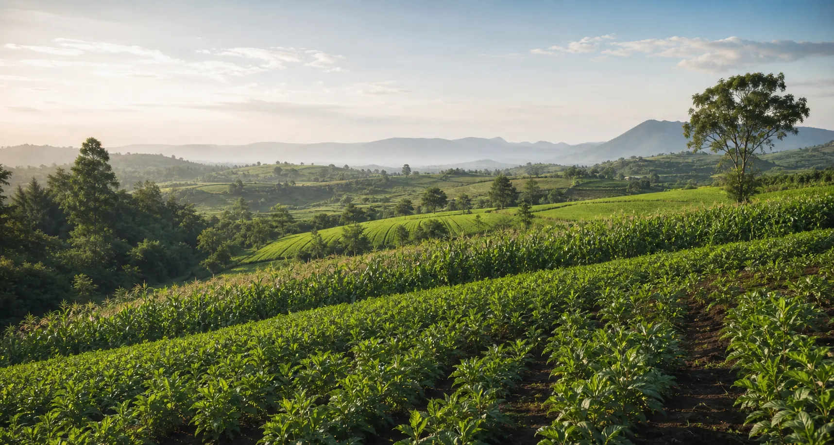 Green agricultural landscape in Uganda during golden daylight.